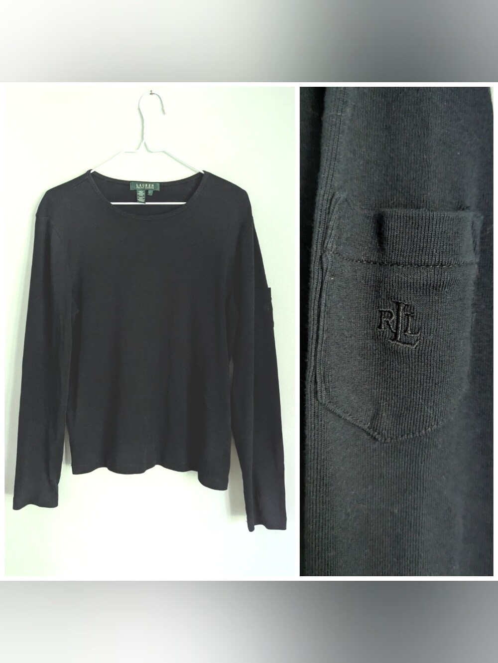 Lauren Ralph Lauren Women's Large Black Long Sleeve T-shirt Monogram Detail